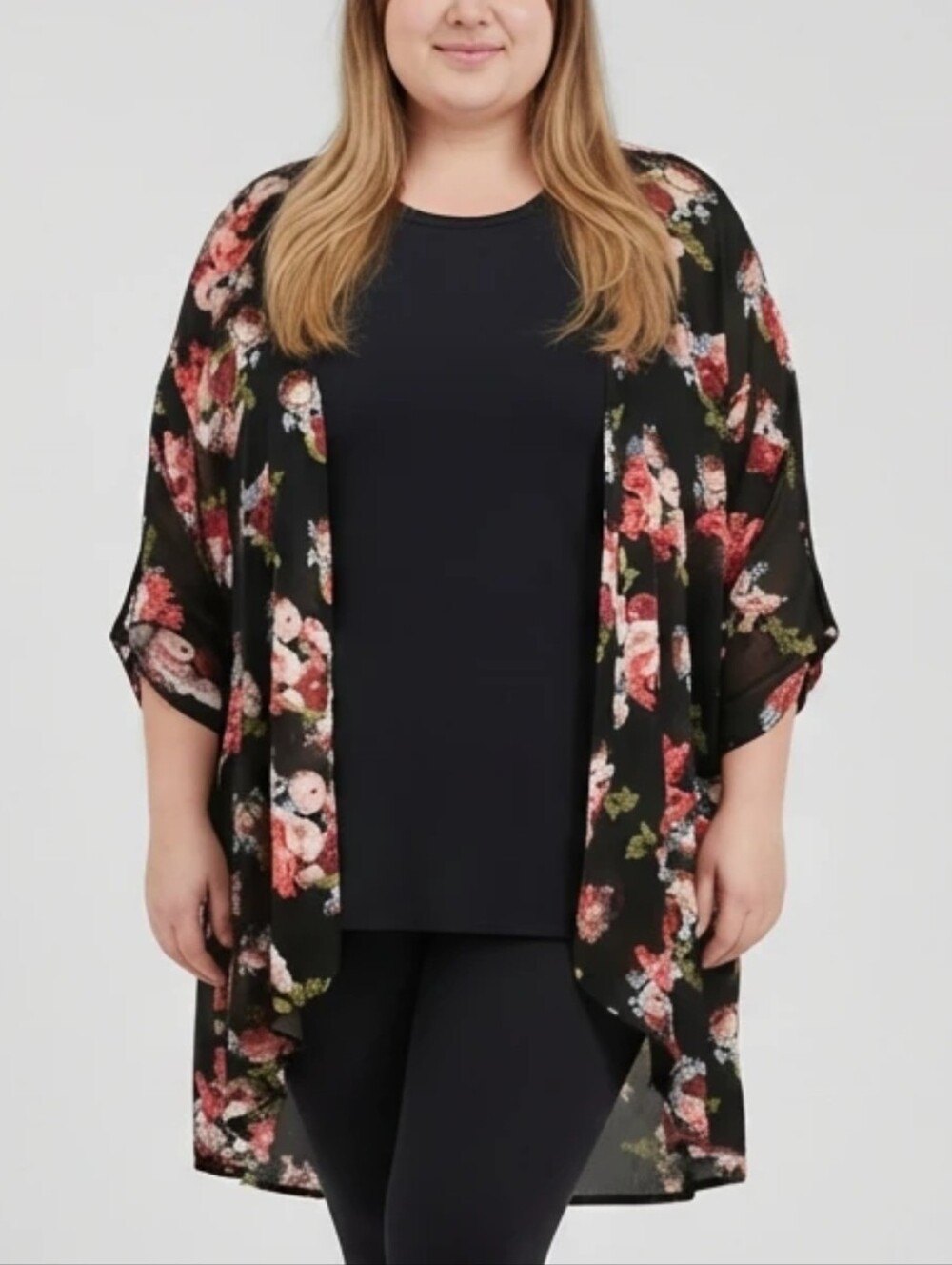 Plus Size 4X Black Sheer Floral Kimono Cardigan Open Front Rose Duster